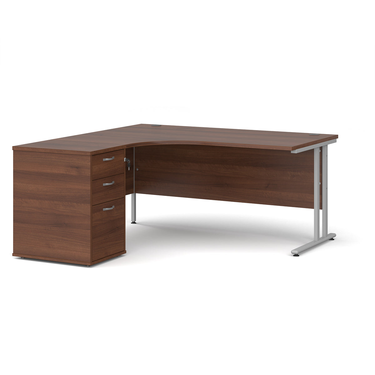 Maestro 25 left hand ergonomic desk 1600mm with silver cantilever frame and desk high pedestal - Walnut - view 1