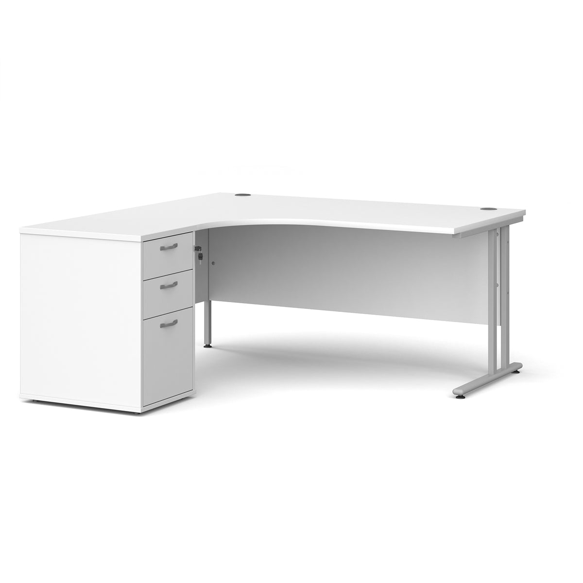 Maestro 25 left hand ergonomic desk 1600mm with silver cantilever frame and desk high pedestal - white - view 1