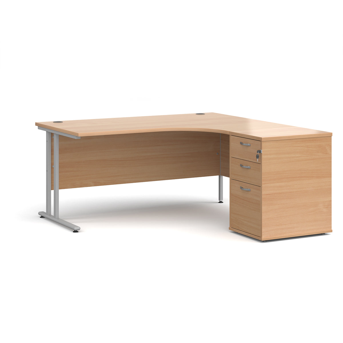 Maestro 25 right hand ergonomic desk 1600mm with silver cantilever frame and desk high pedestal - Beech - view 1