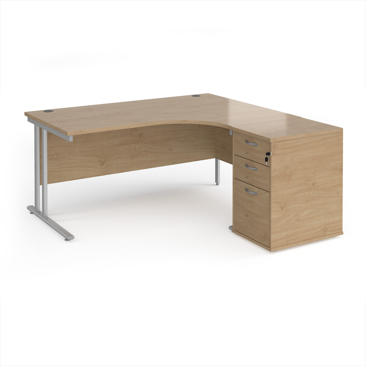 Maestro 25 right hand ergonomic desk 1600mm with silver cantilever frame and desk high pedestal - Kendal Oak - view 1