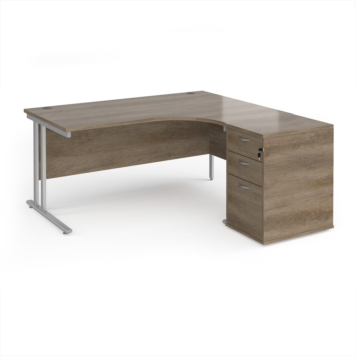 Maestro 25 right hand ergonomic desk 1600mm with silver cantilever frame and desk high pedestal - Nebraska Oak - view 1