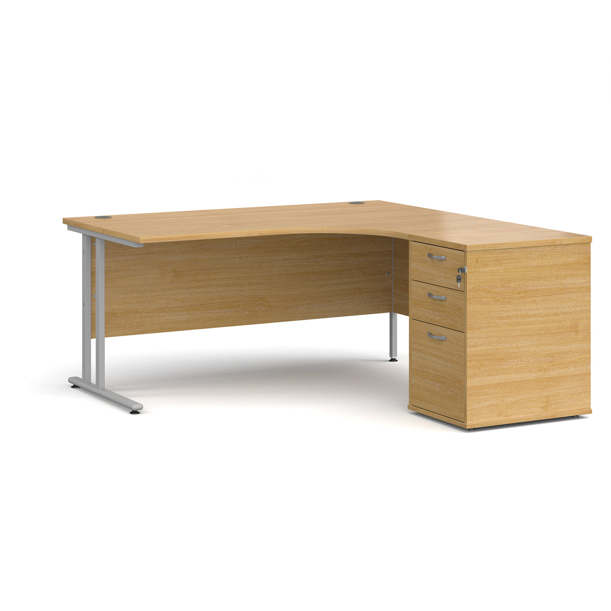 Maestro 25 right hand ergonomic desk 1600mm with silver cantilever frame and desk high pedestal - oak - view 1