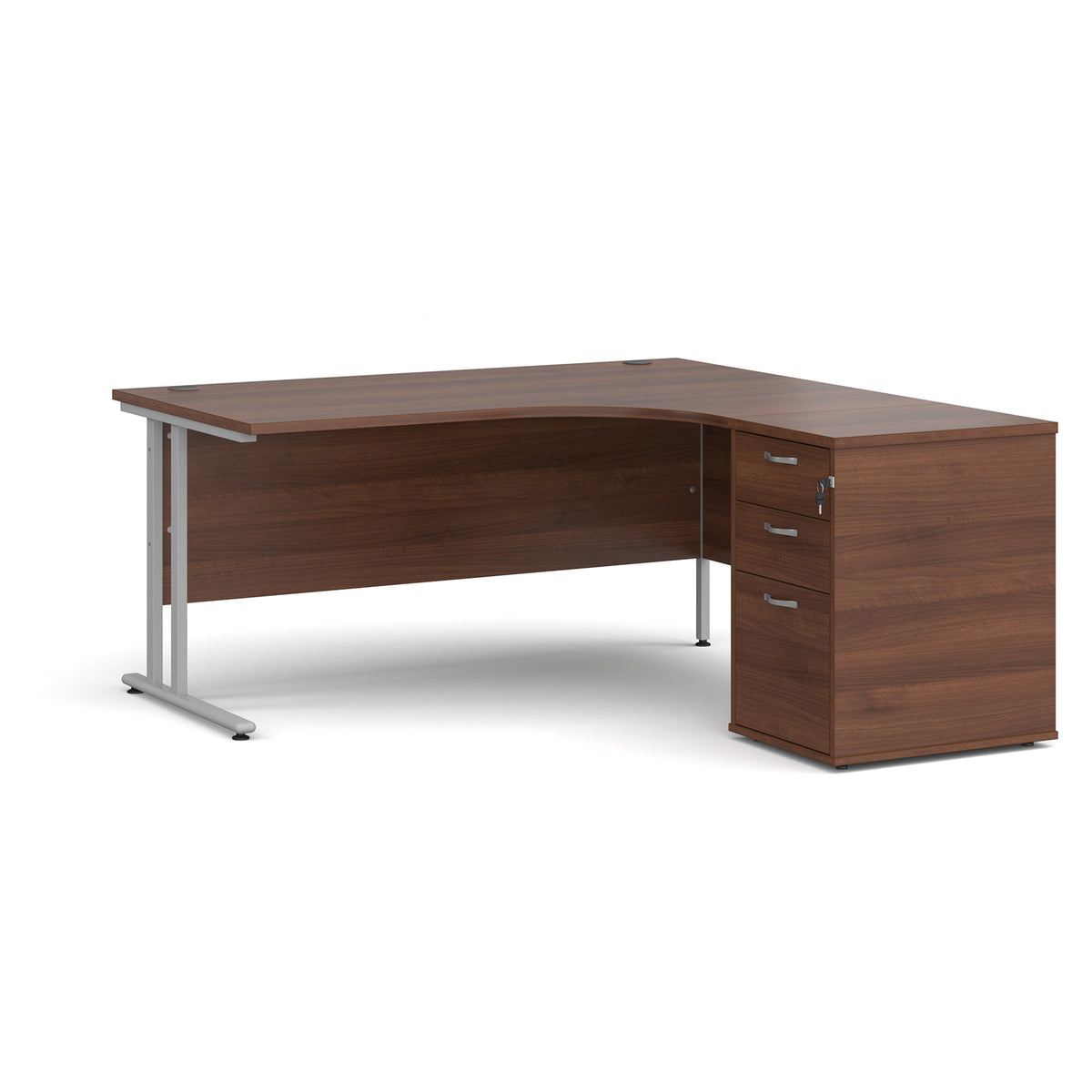 Maestro 25 right hand ergonomic desk 1600mm with silver cantilever frame and desk high pedestal - Walnut - view 1