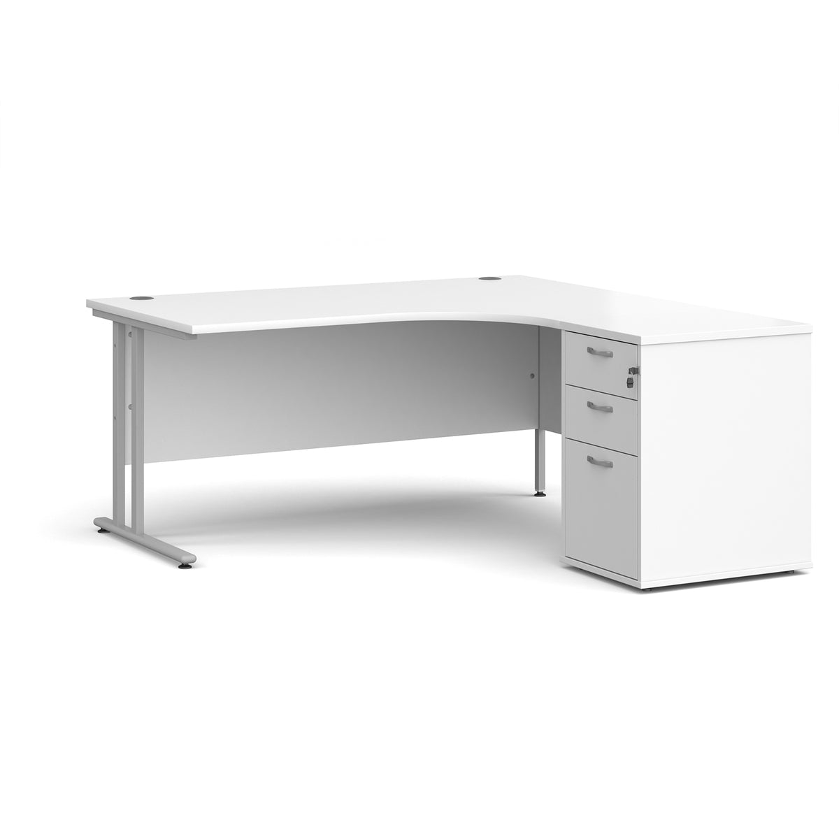 Maestro 25 right hand ergonomic desk 1600mm with silver cantilever frame and desk high pedestal - white - view 1