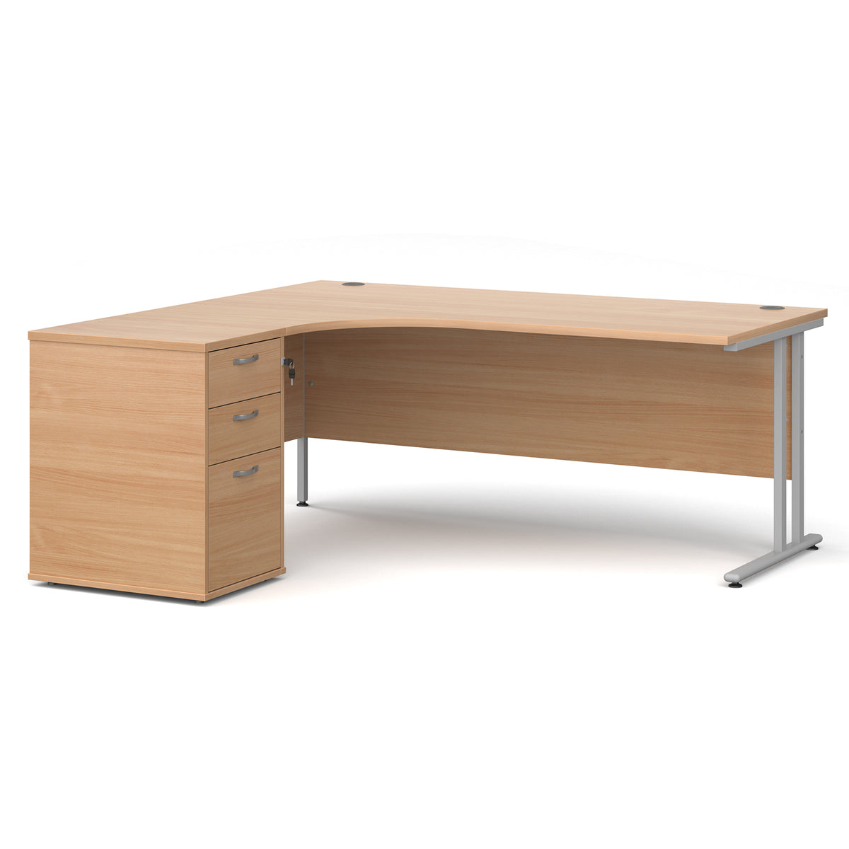 Maestro 25 left hand ergonomic desk 1800mm with silver cantilever frame and desk high pedestal - Beech - view 1