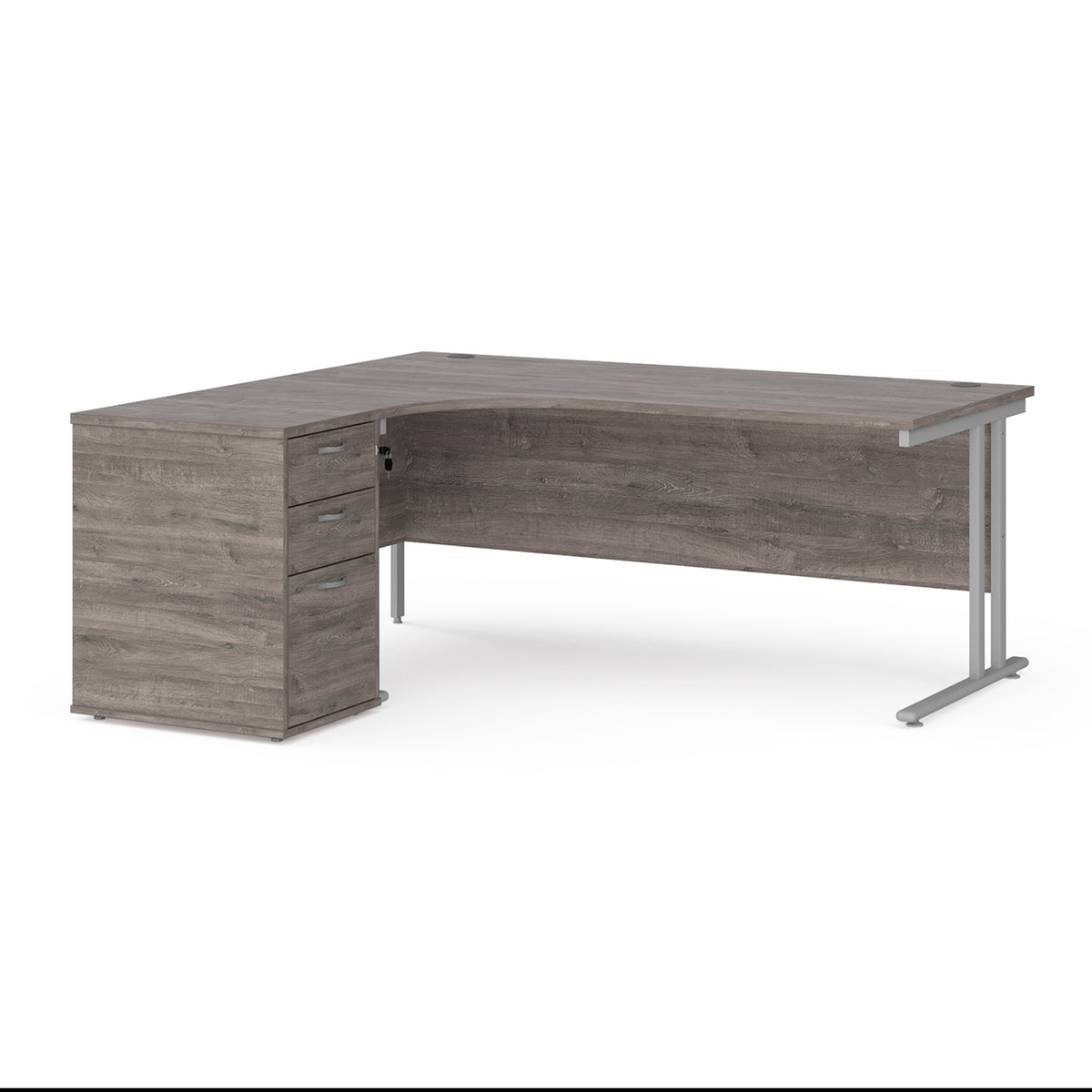 Maestro 25 left hand ergonomic desk 1800mm with silver cantilever frame and desk high pedestal - Grey Oak - view 1