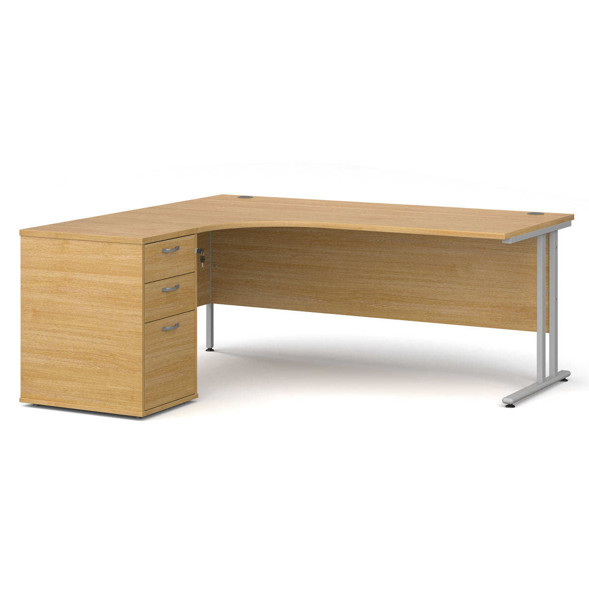 Maestro 25 left hand ergonomic desk 1800mm with silver cantilever frame and desk high pedestal - oak - view 1