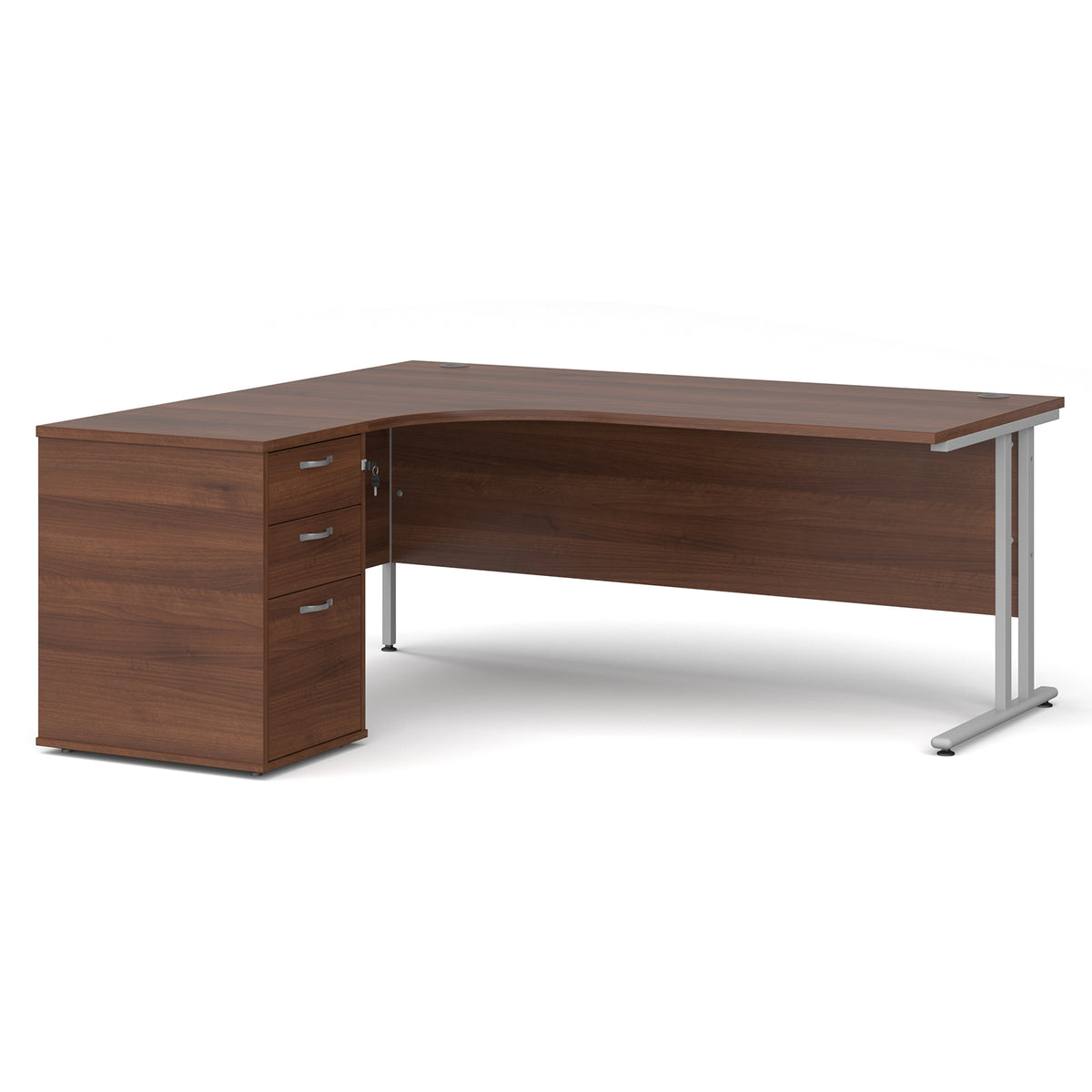 Maestro 25 left hand ergonomic desk 1800mm with silver cantilever frame and desk high pedestal - Walnut - view 1