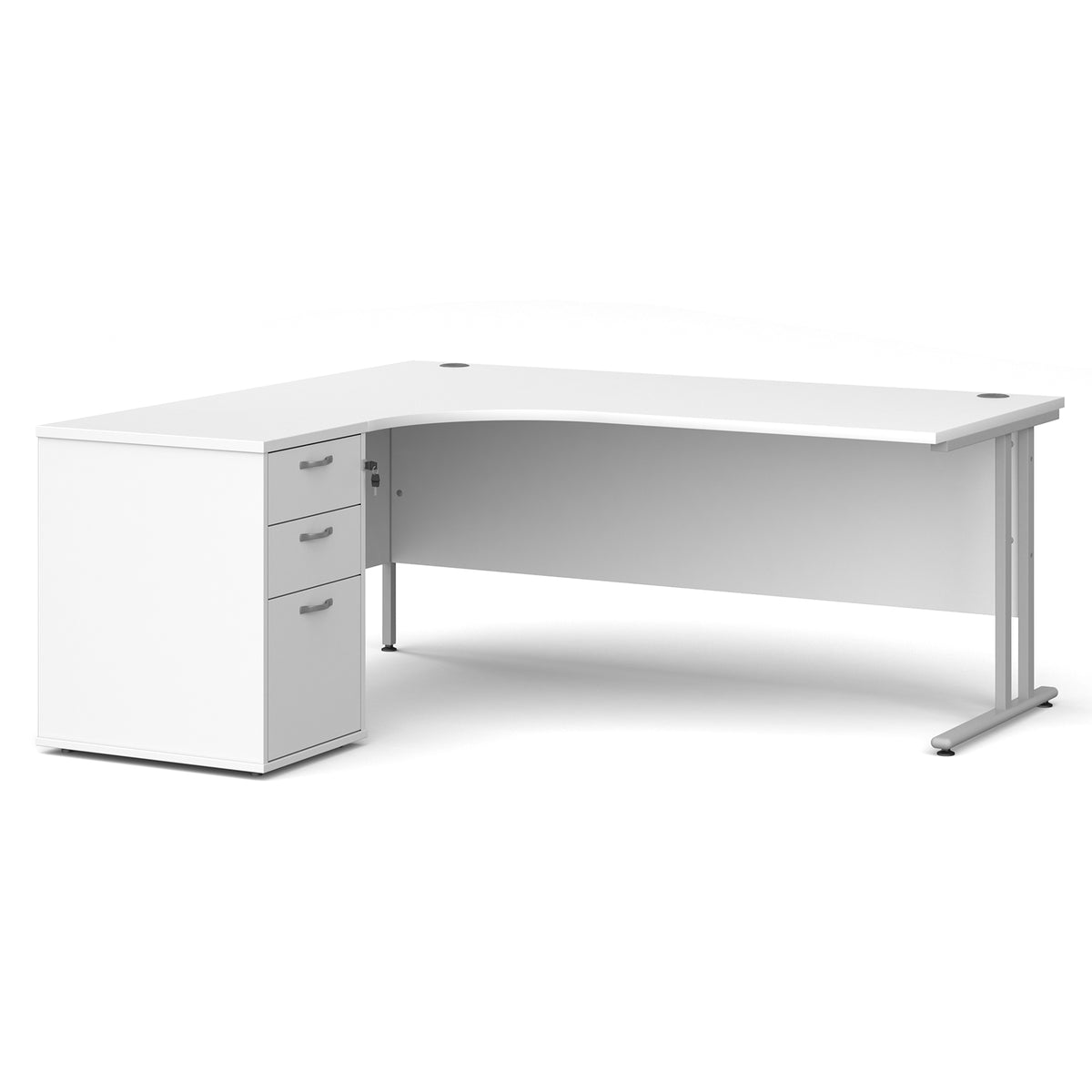 Maestro 25 left hand ergonomic desk 1800mm with silver cantilever frame and desk high pedestal - white - view 1