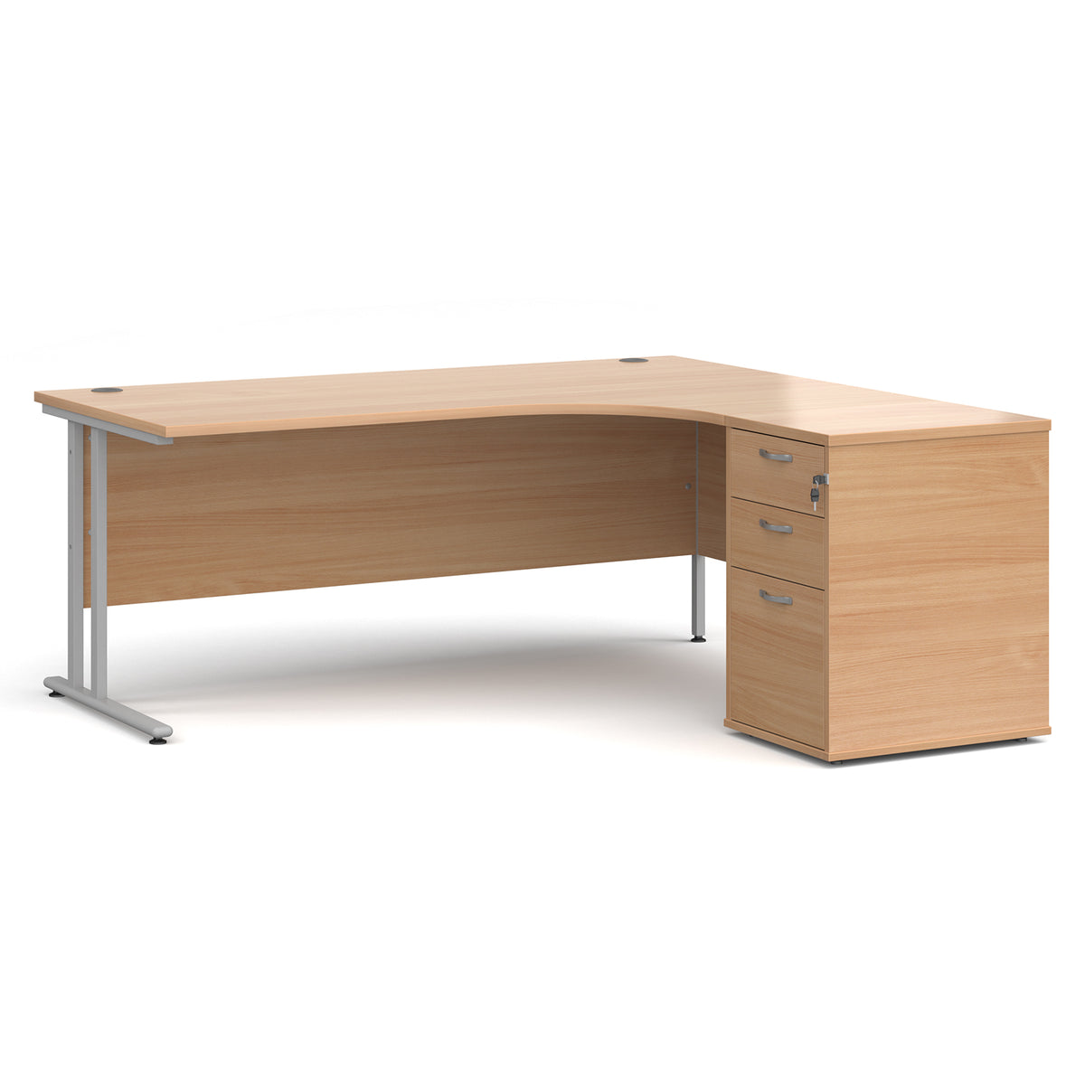 Maestro 25 right hand ergonomic desk 1800mm with silver cantilever frame and desk high pedestal - Beech - view 1
