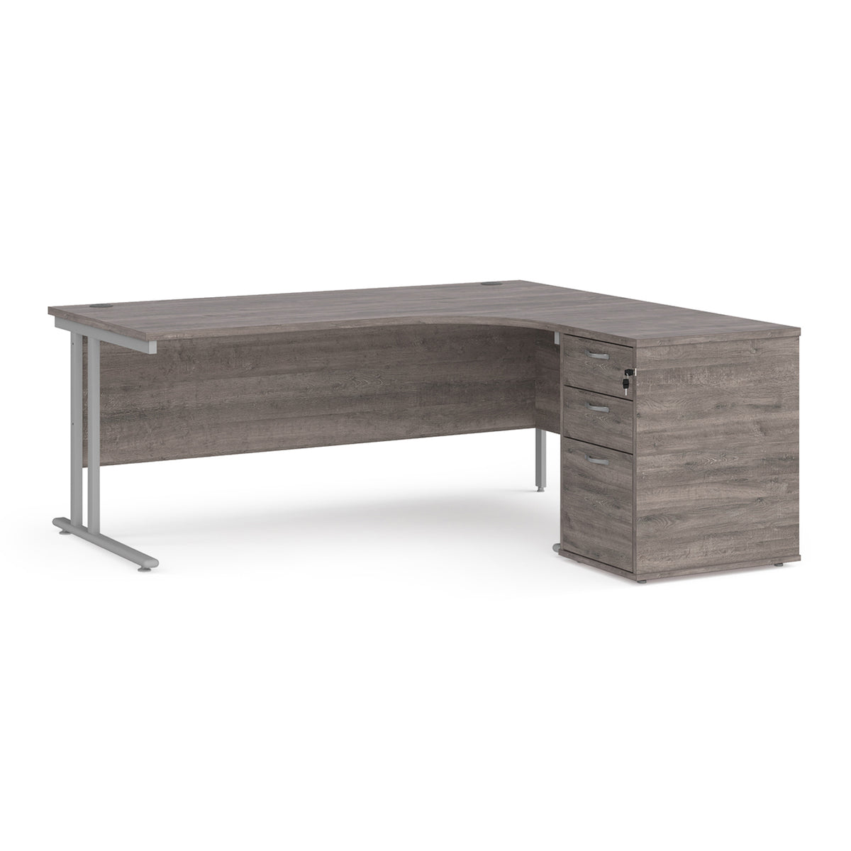 Maestro 25 right hand ergonomic desk 1800mm with silver cantilever frame and desk high pedestal - Grey Oak - view 1