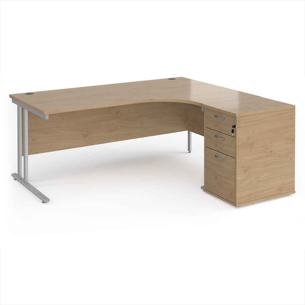Maestro 25 right hand ergonomic desk 1800mm with silver cantilever frame and desk high pedestal - Kendal Oak - view 1