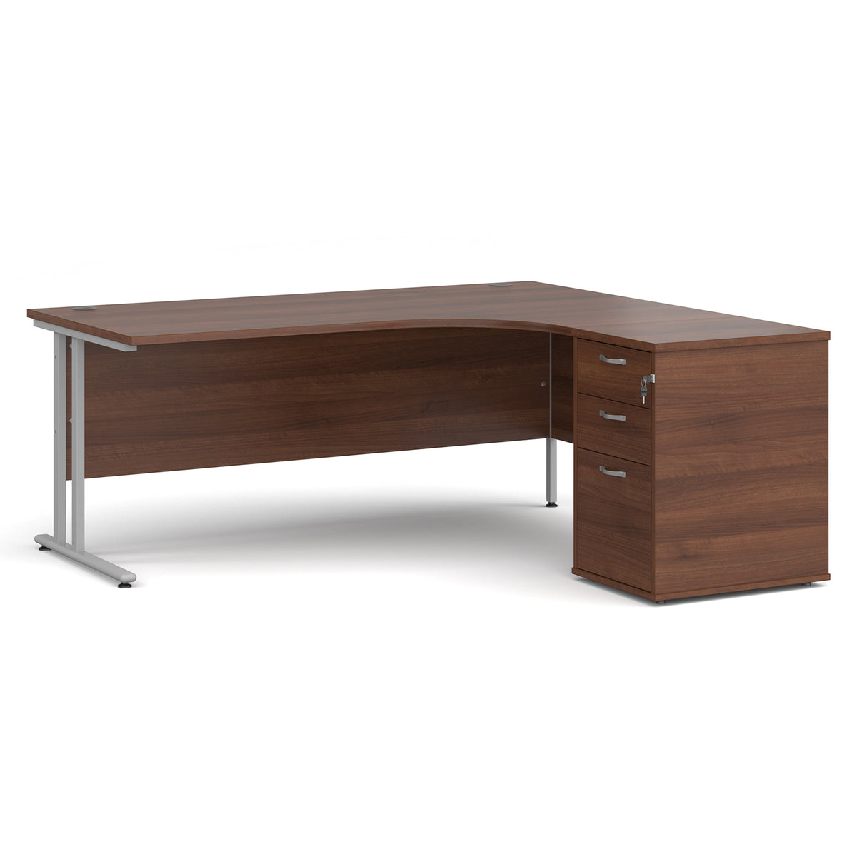 Maestro 25 right hand ergonomic desk 1800mm with silver cantilever frame and desk high pedestal - Walnut - view 1