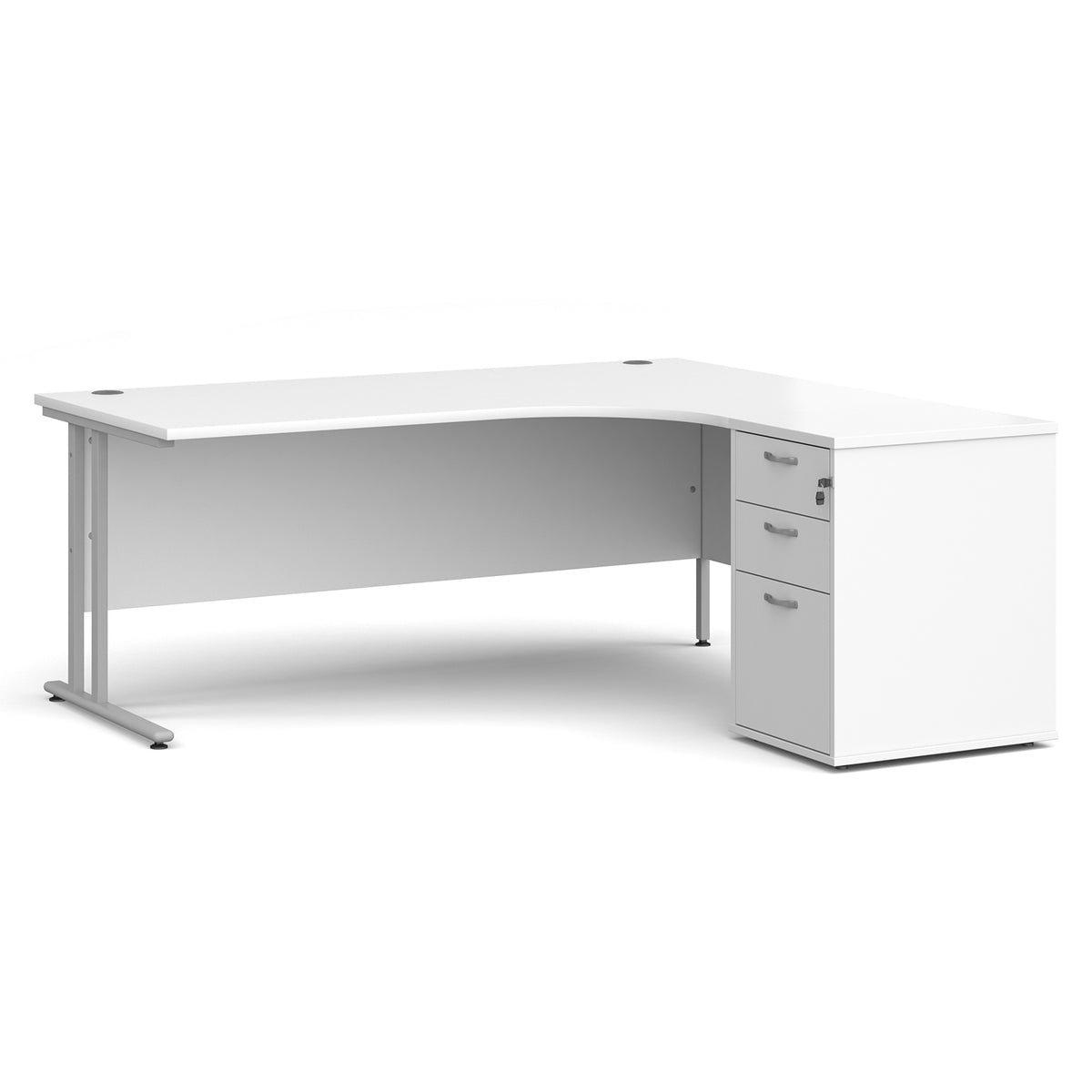 Maestro 25 right hand ergonomic desk 1800mm with silver cantilever frame and desk high pedestal - white - view 1