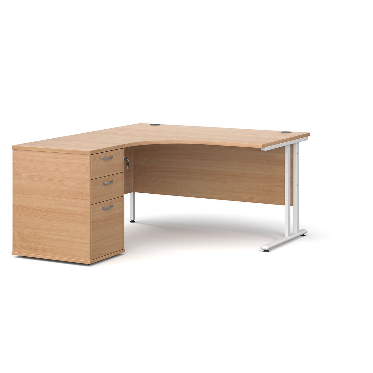Maestro 25 left hand ergonomic desk 1400mm with white cantilever frame and desk high pedestal - Beech - view 1