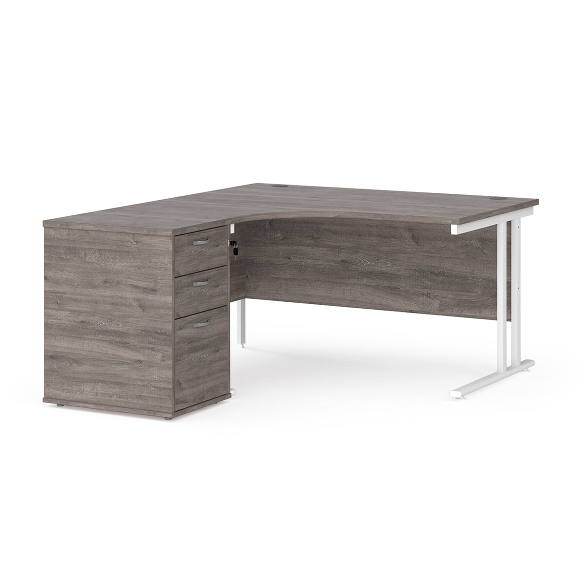 Maestro 25 left hand ergonomic desk 1400mm with white cantilever frame and desk high pedestal - Grey Oak - view 1