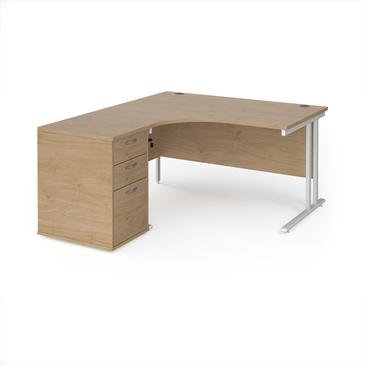 Maestro 25 left hand ergonomic desk 1400mm with white cantilever frame and desk high pedestal - Kendal Oak - view 1