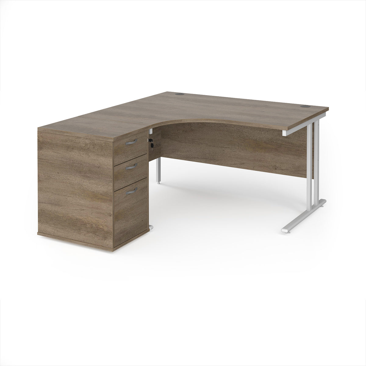 Maestro 25 left hand ergonomic desk 1400mm with white cantilever frame and desk high pedestal - Nebraska Oak - view 1