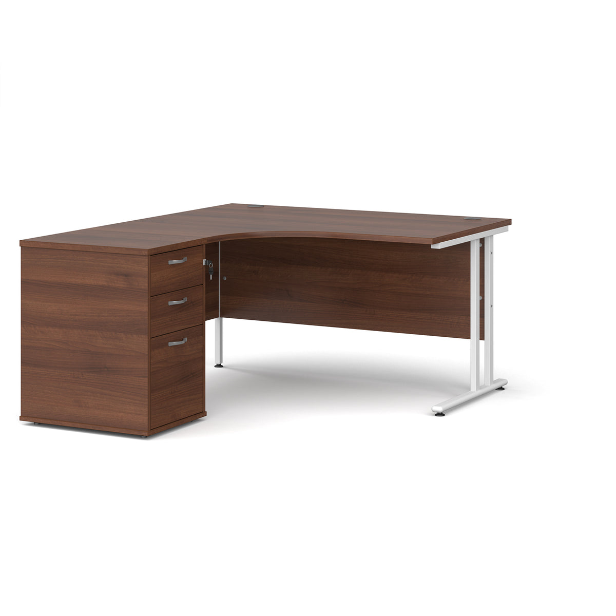 Maestro 25 left hand ergonomic desk 1400mm with white cantilever frame and desk high pedestal - Walnut - view 1
