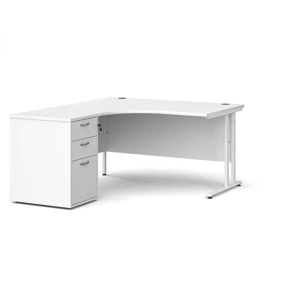 Maestro 25 left hand ergonomic desk 1400mm with white cantilever frame and desk high pedestal - white - view 1