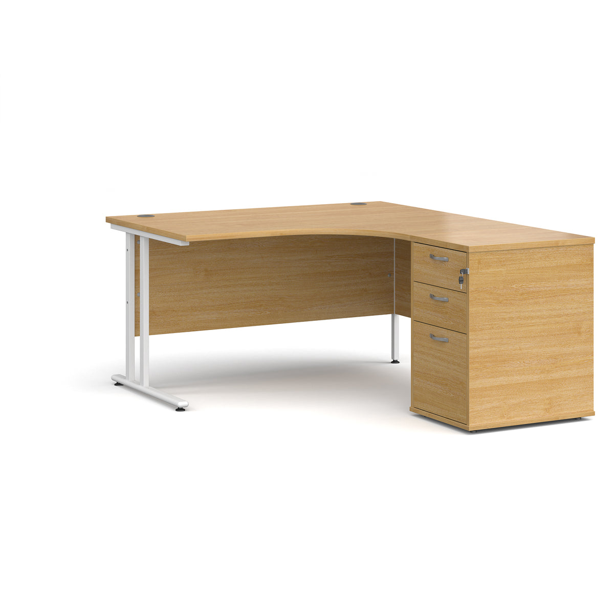 Maestro 25 right hand ergonomic desk 1400mm with white cantilever frame and desk high pedestal - oak - view 1