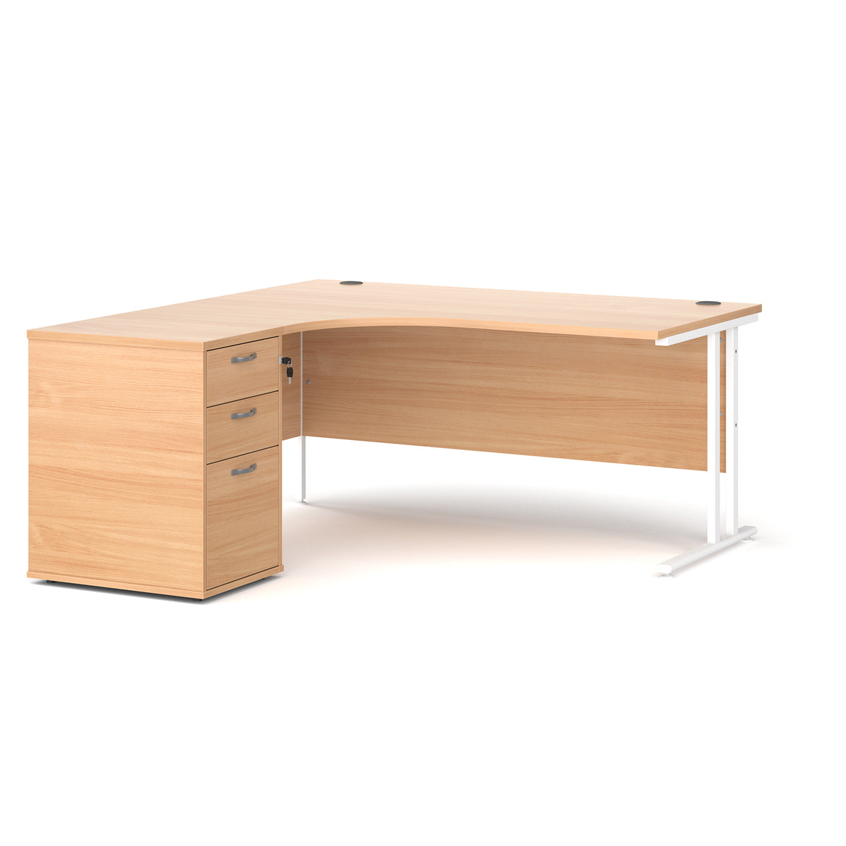 Maestro 25 left hand ergonomic desk 1600mm with white cantilever frame and desk high pedestal - Beech - view 1