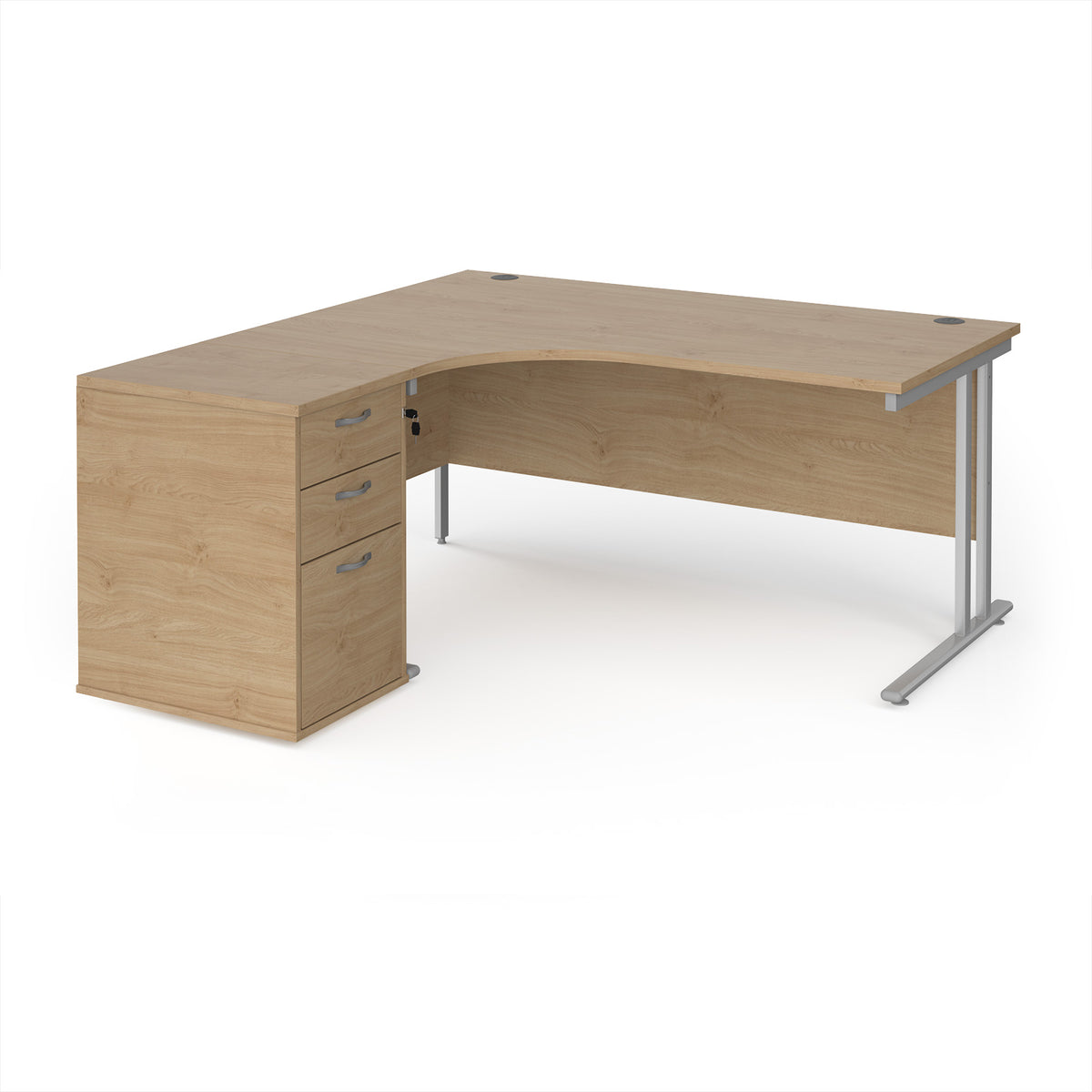 Maestro 25 left hand ergonomic desk 1600mm with white cantilever frame and desk high pedestal - Kendal Oak - view 1