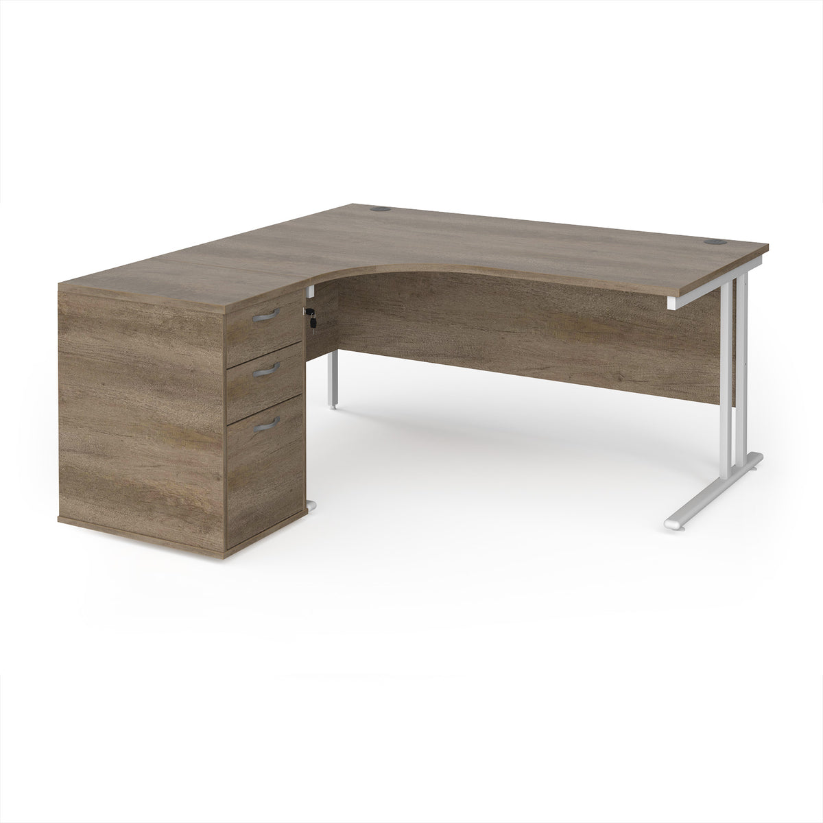 Maestro 25 left hand ergonomic desk 1600mm with white cantilever frame and desk high pedestal - Nebraska Oak - view 1