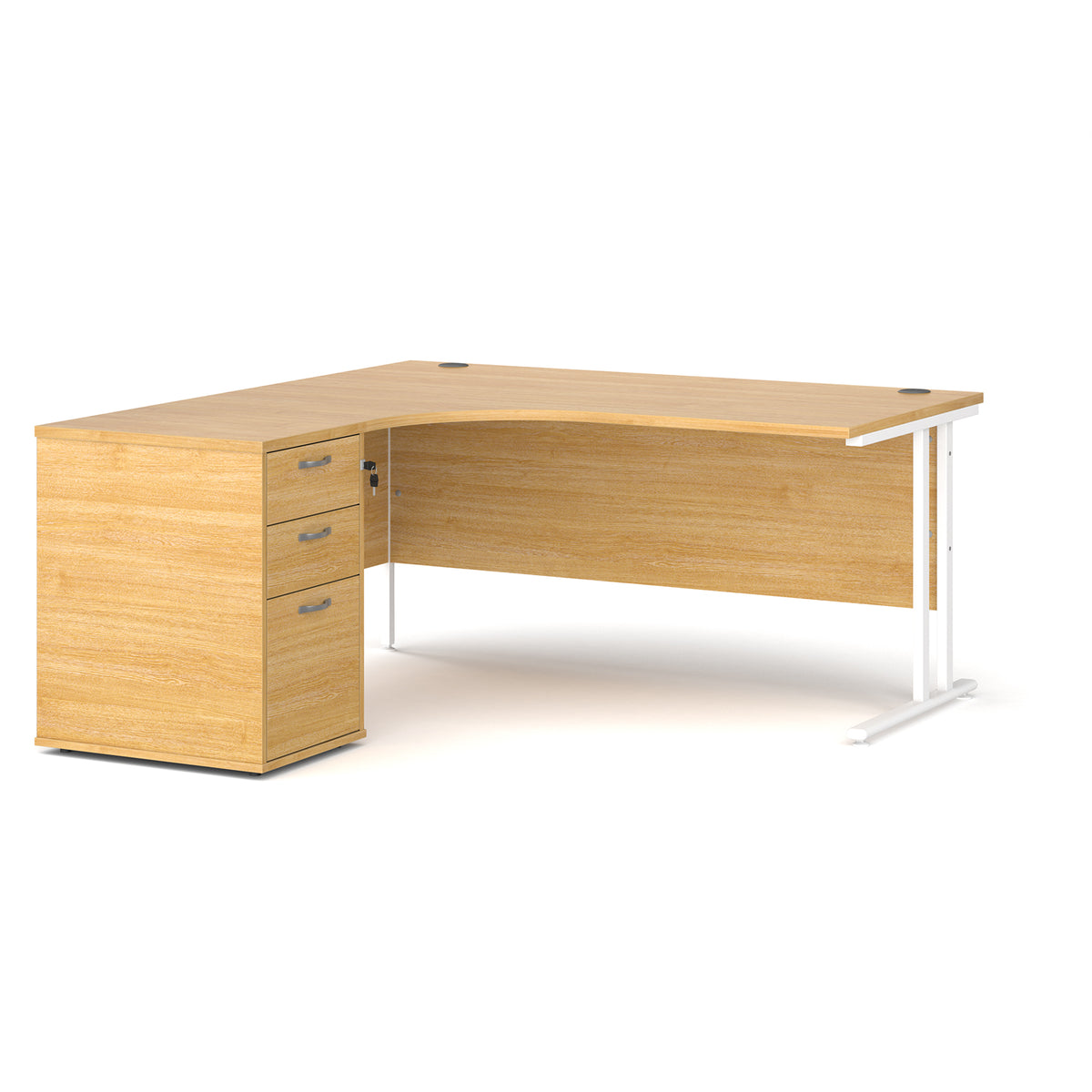 Maestro 25 left hand ergonomic desk 1600mm with white cantilever frame and desk high pedestal - oak - view 1