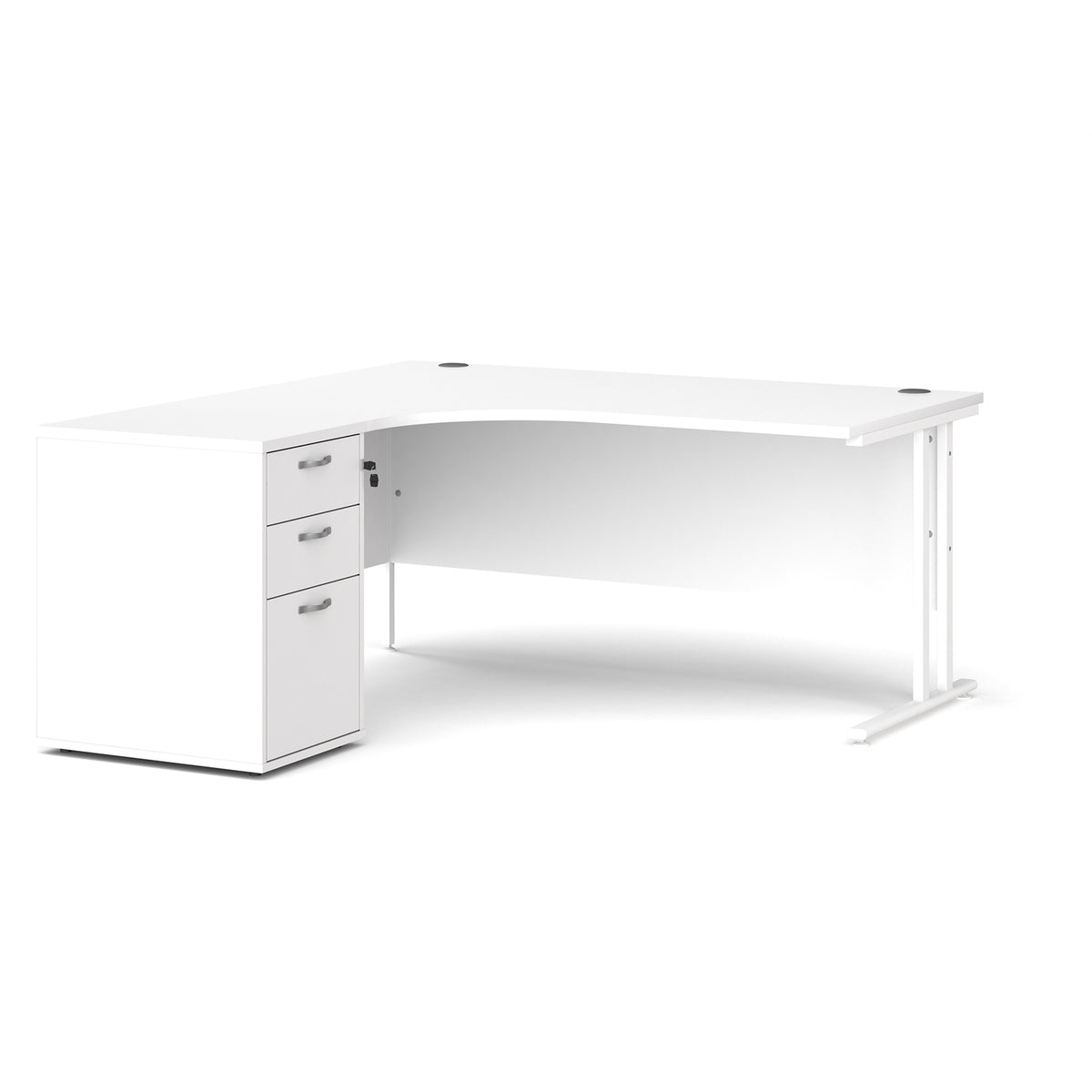 Maestro 25 left hand ergonomic desk 1600mm with white cantilever frame and desk high pedestal - white - view 1