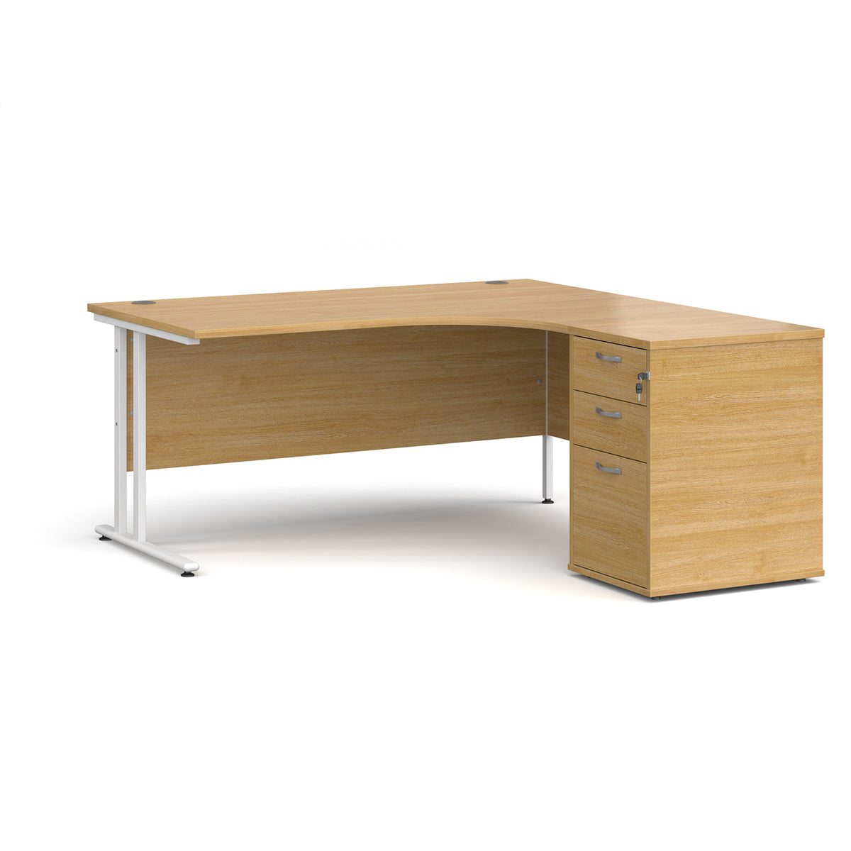 Maestro 25 right hand ergonomic desk 1600mm with white cantilever frame and desk high pedestal - oak - view 1