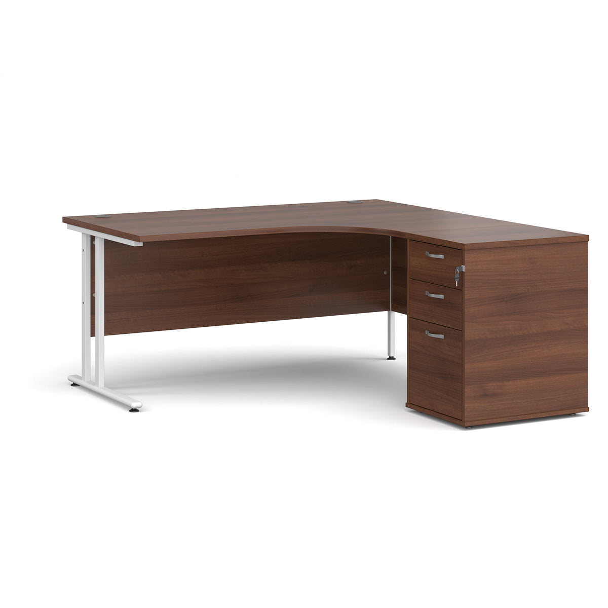 Maestro 25 right hand ergonomic desk 1600mm with white cantilever frame and desk high pedestal - Walnut - view 1