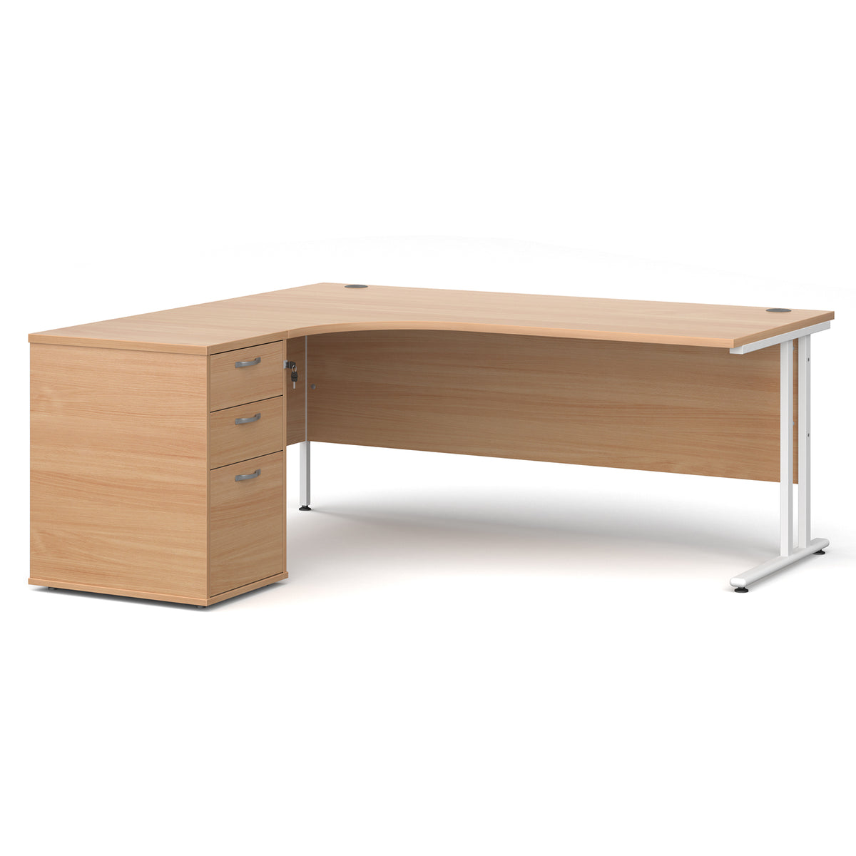 Maestro 25 left hand ergonomic desk 1800mm with white cantilever frame and desk high pedestal - Beech - view 1