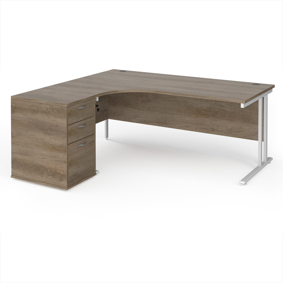 Maestro 25 left hand ergonomic desk 1800mm with white cantilever frame and desk high pedestal - Nebraska Oak - view 1