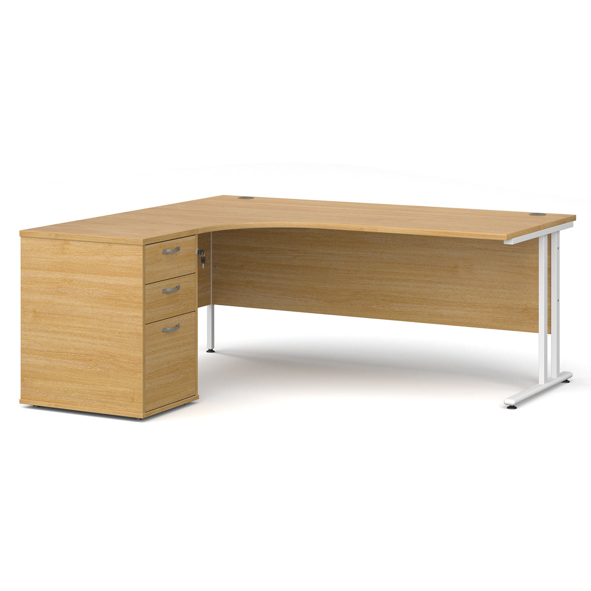 Maestro 25 left hand ergonomic desk 1800mm with white cantilever frame and desk high pedestal - oak - view 1