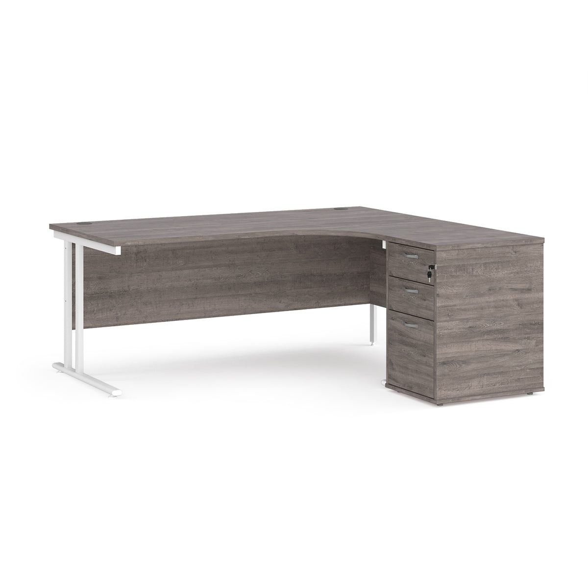 Maestro 25 right hand ergonomic desk 1800mm with white cantilever frame and desk high pedestal - Grey Oak - view 1