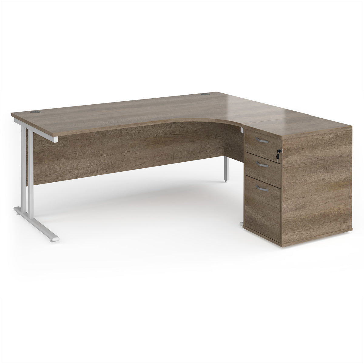 Maestro 25 right hand ergonomic desk 1800mm with white cantilever frame and desk high pedestal - Nebraska Oak - view 1