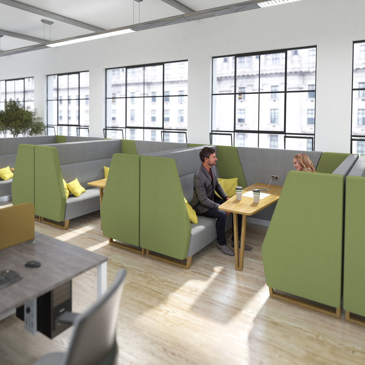 Encore high back 2 person meeting booth with table and wooden sled frame - made to order - view 2