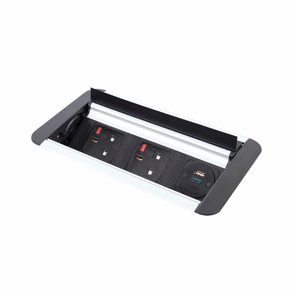 Eclipse in-table rollover power module 2 x UK sockets, 1 x TUF (A&C connectors) USB charger - black/silver - view 1