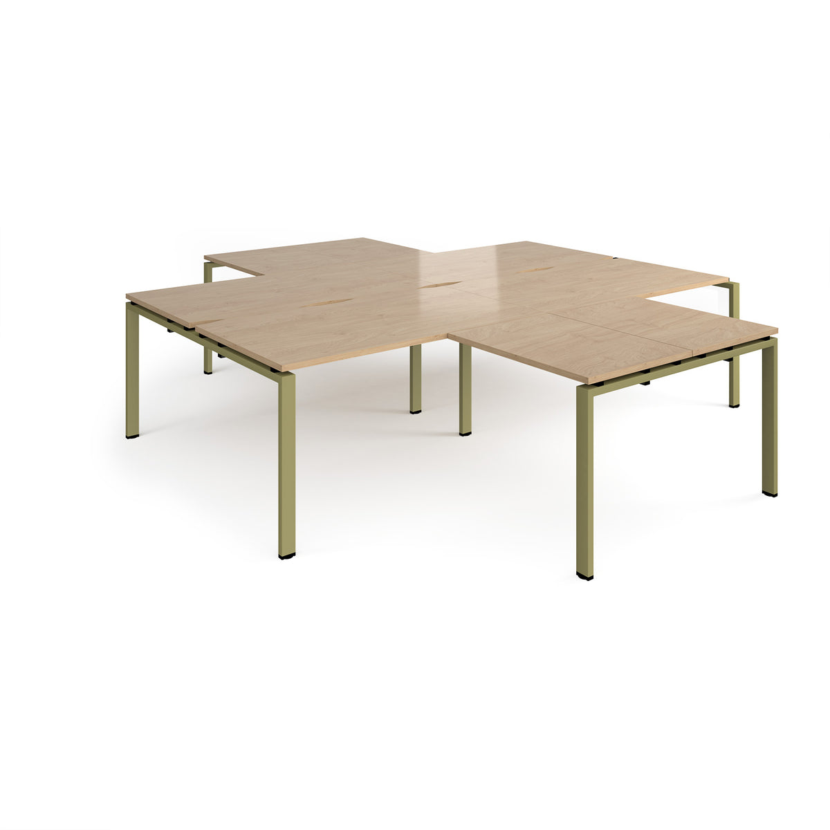 Adapt back to back 4 desk cluster 2800mm x 1600mm with 800mm return desks - green frame, Kendal Oak Top - view 1