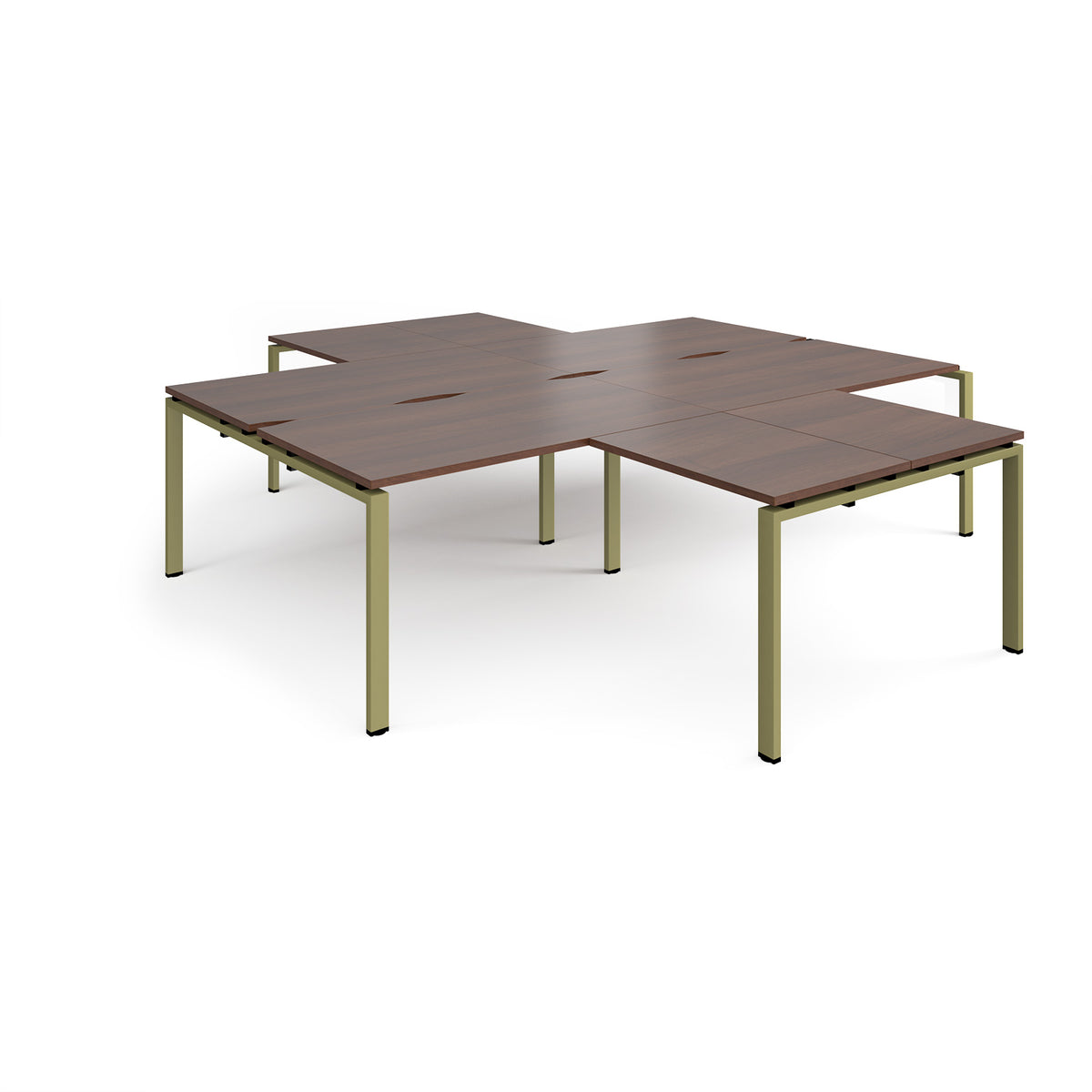 Adapt back to back 4 desk cluster 2800mm x 1600mm with 800mm return desks - green frame, Walnut top - view 1
