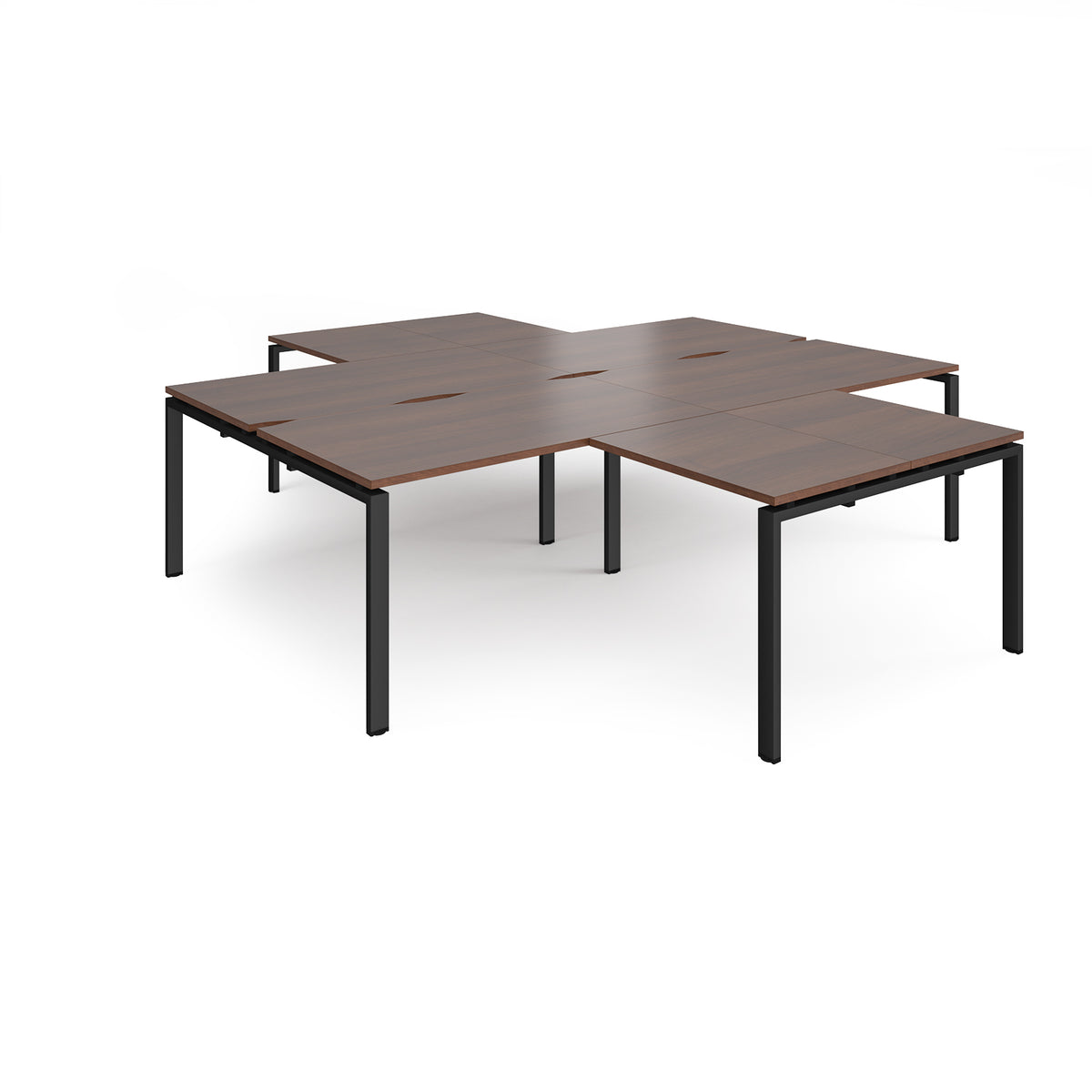 Adapt back to back 4 desk cluster 2800mm x 1600mm with 800mm return desks - black frame, Walnut top - view 1