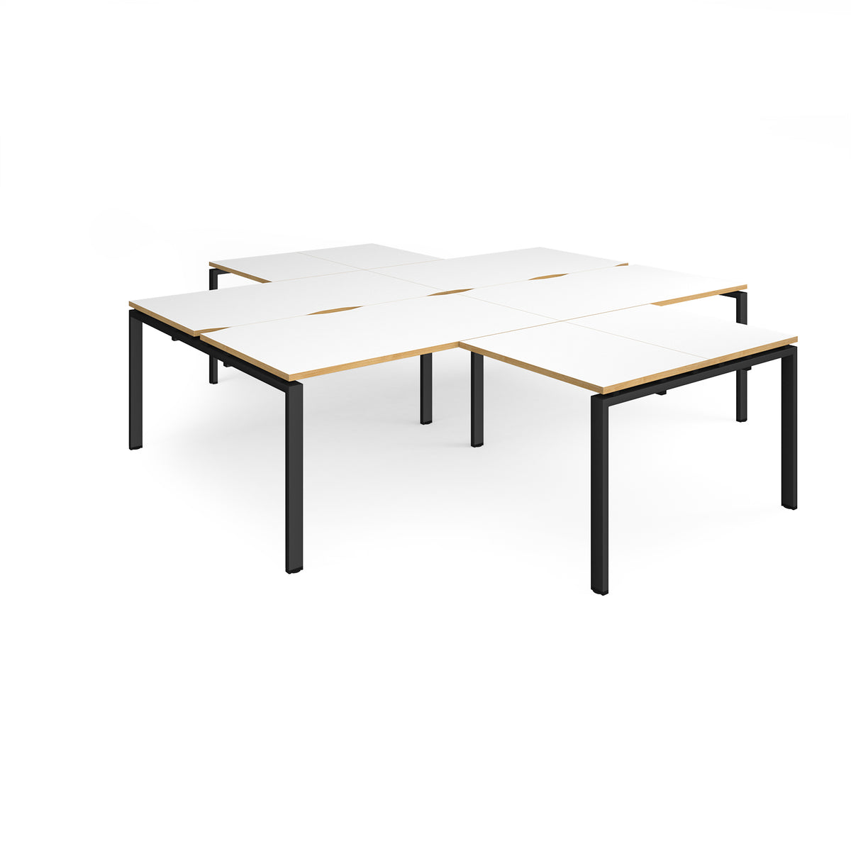 Adapt back to back 4 desk cluster 2800mm x 1600mm with 800mm return desks - black frame, White Top with oak edge - view 1