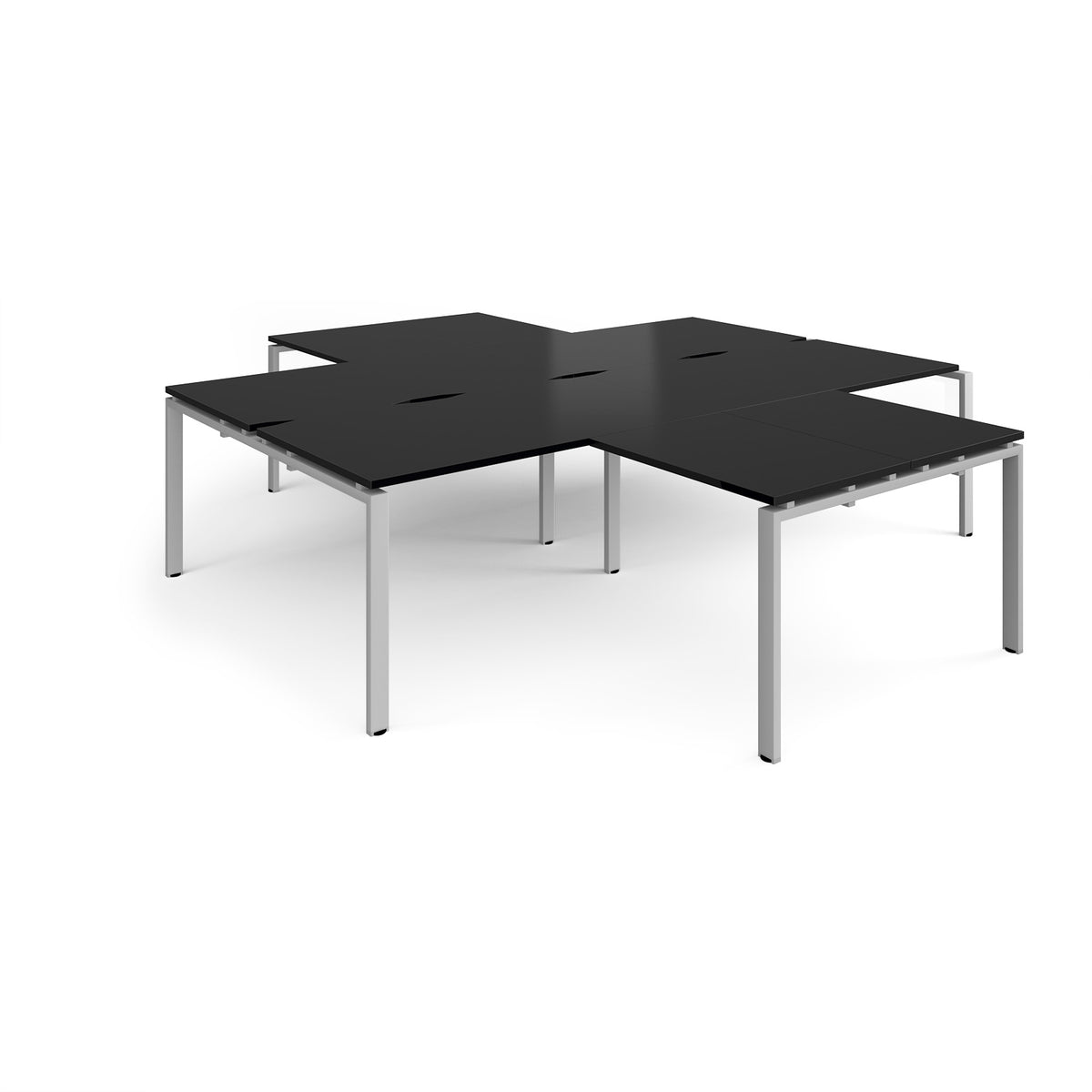Adapt back to back 4 desk cluster 2800mm x 1600mm with 800mm return desks - silver frame, black top - view 1