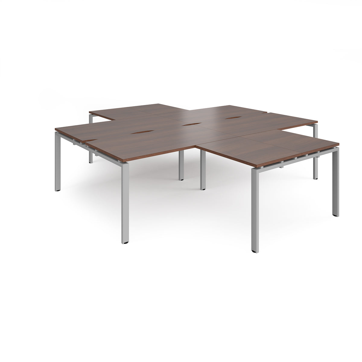 Adapt back to back 4 desk cluster 2800mm x 1600mm with 800mm return desks - silver frame, Walnut top - view 1