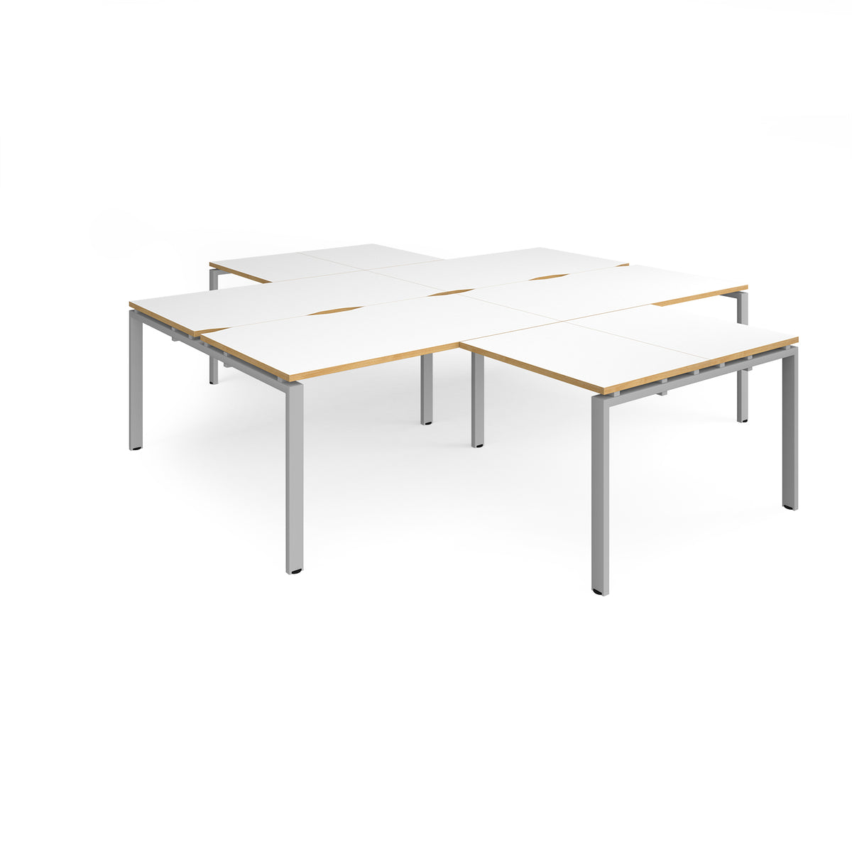 Adapt back to back 4 desk cluster 2800mm x 1600mm with 800mm return desks - silver frame, White Top with oak edge - view 1