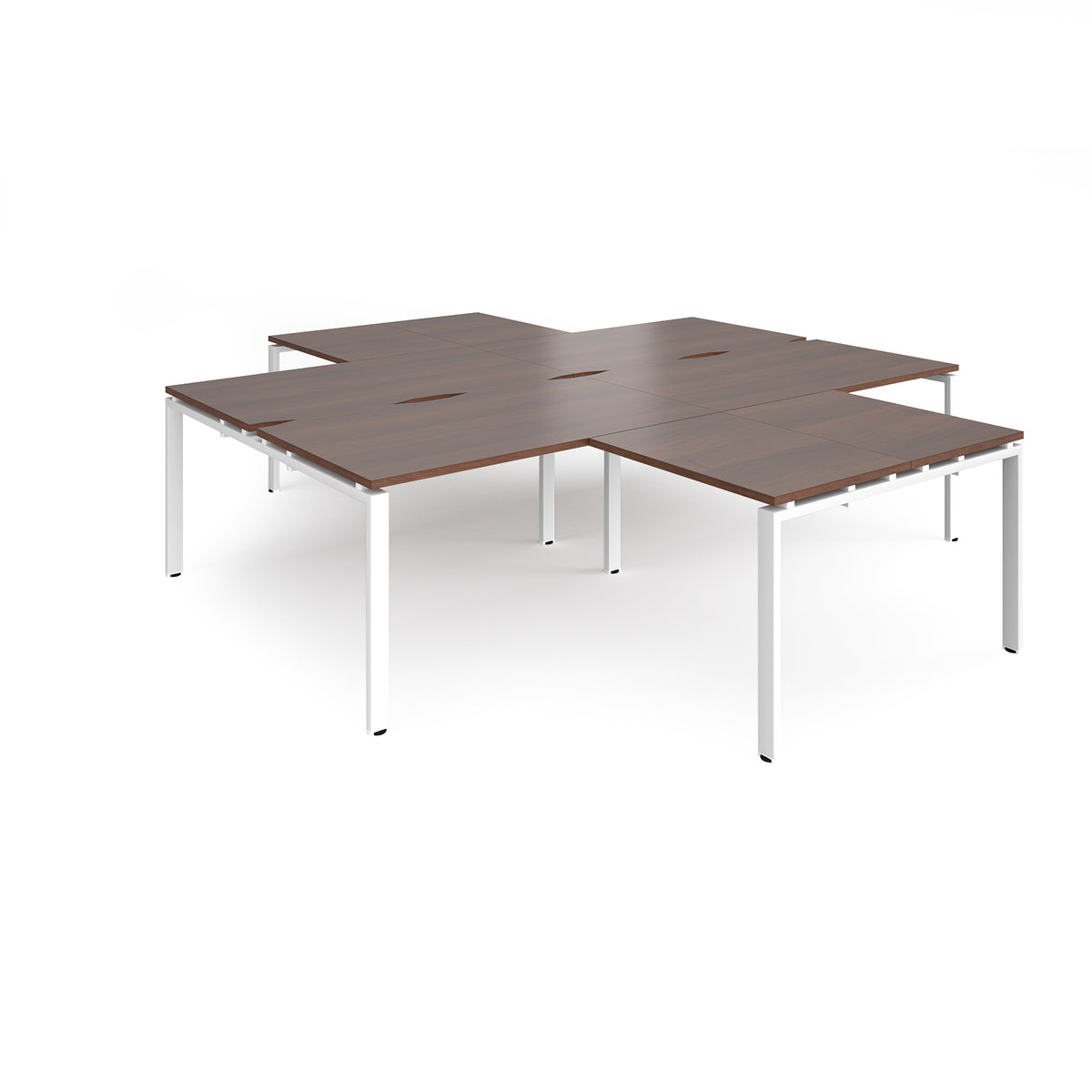 Adapt back to back 4 desk cluster 2800mm x 1600mm with 800mm return desks - white frame, Walnut top - view 1