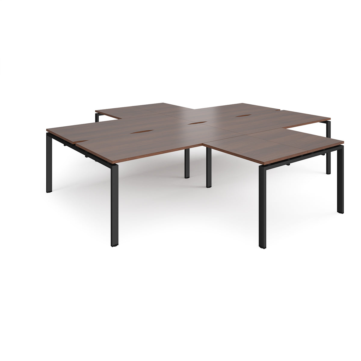 Adapt back to back 4 desk cluster 3200mm x 1600mm with 800mm return desks - black frame, Walnut top - view 1