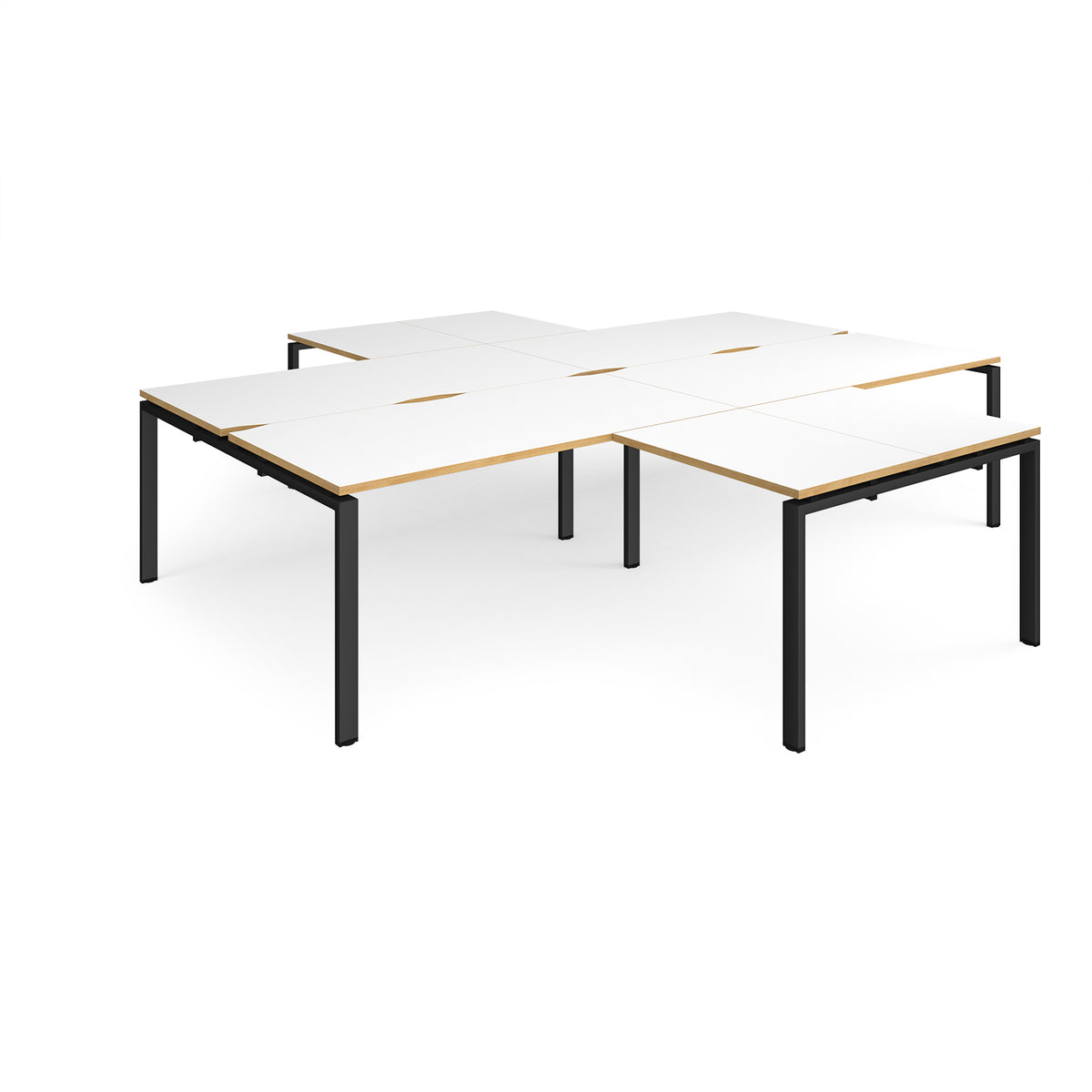 Adapt back to back 4 desk cluster 3200mm x 1600mm with 800mm return desks - black frame, White Top with oak edge - view 1