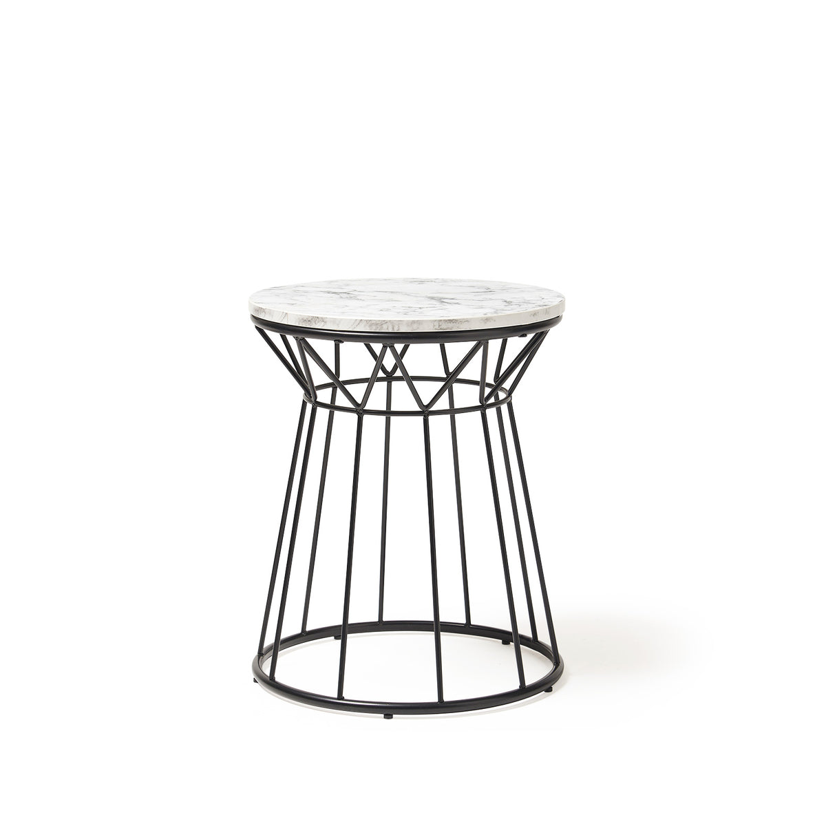 Este circular side table with black wire frame and Carrara marble effect top - view 1